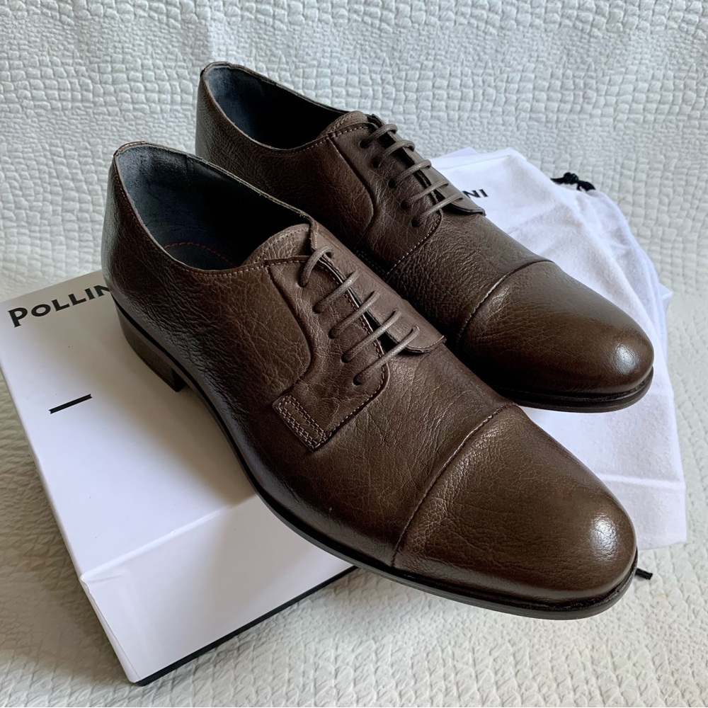 NWT Men's POLLINI Brown Real Leather Handmade Lace Up Shoes - Picture 1 of 10